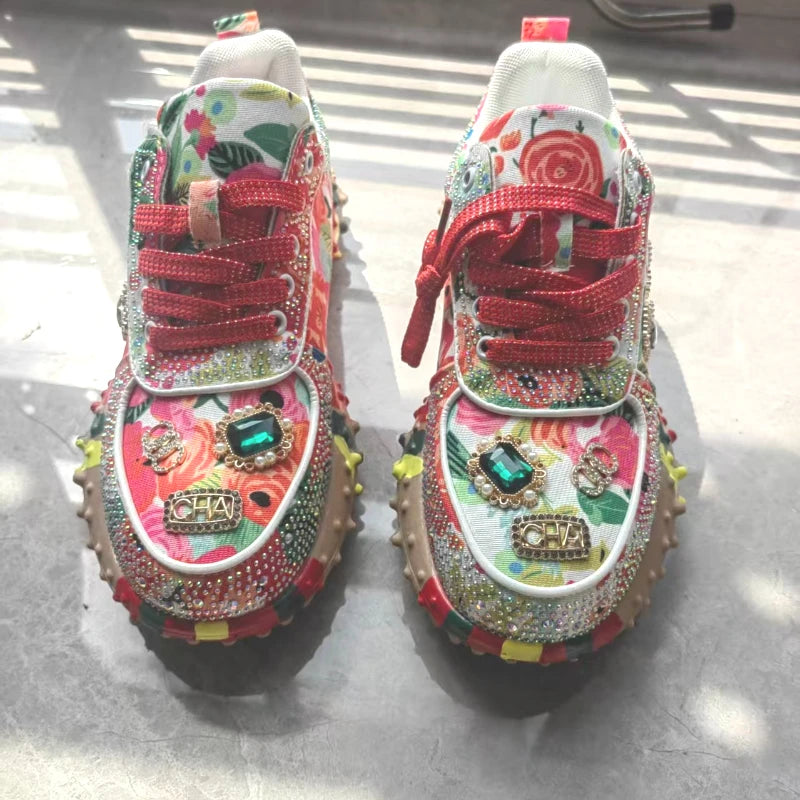 Women's Rhinestone Platform Lace-Up Casual Sneakers