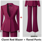 Women's Solid Long Sleeve Blazer Flare Pants Suit