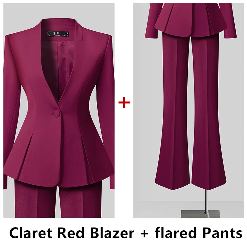 Women's Solid Long Sleeve Blazer Flare Pants Suit