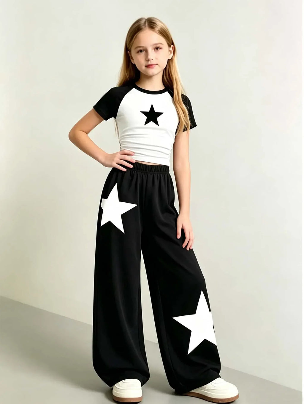 Girls' Star Print Fitted Top Wide Leg Pants Two-Piece Set