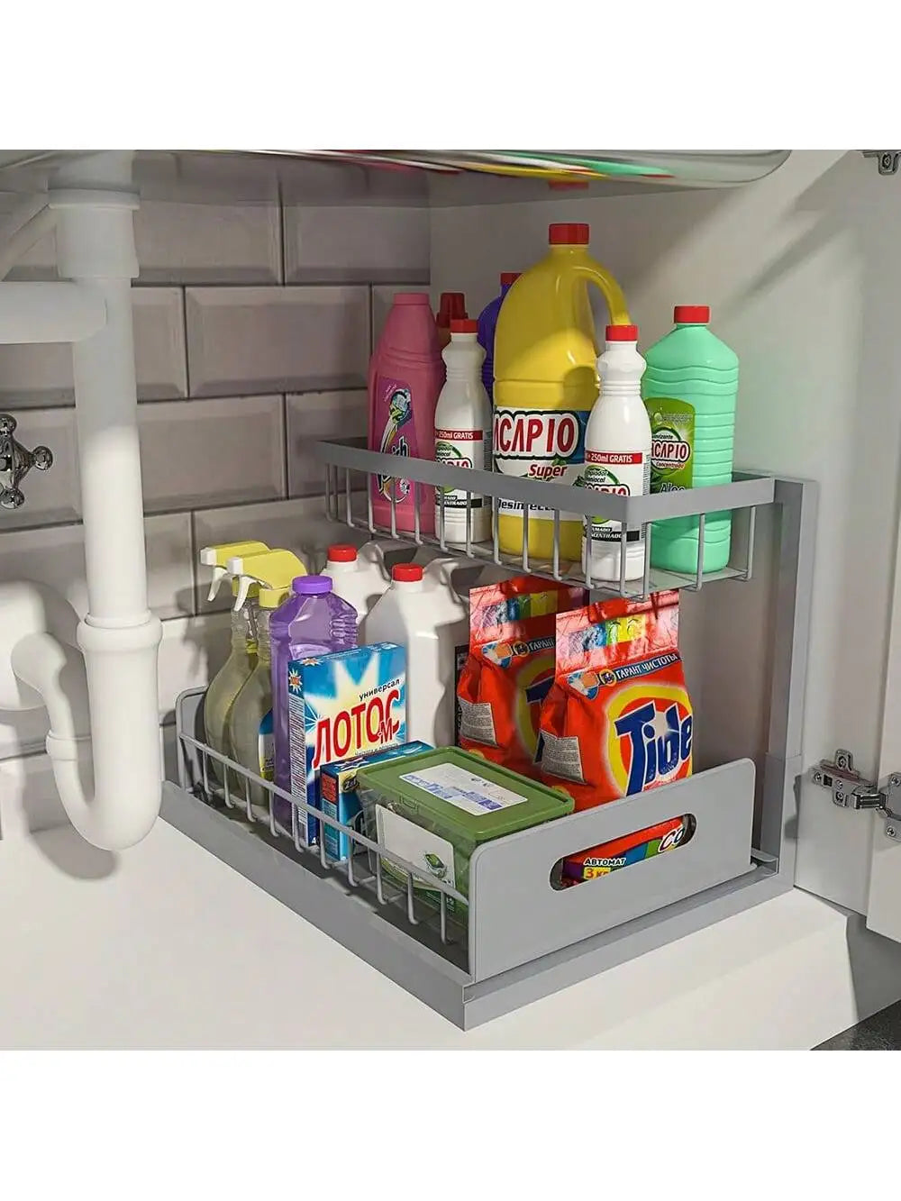2-Tier Metal Slide Out Cabinet Organizer and Storage Basket