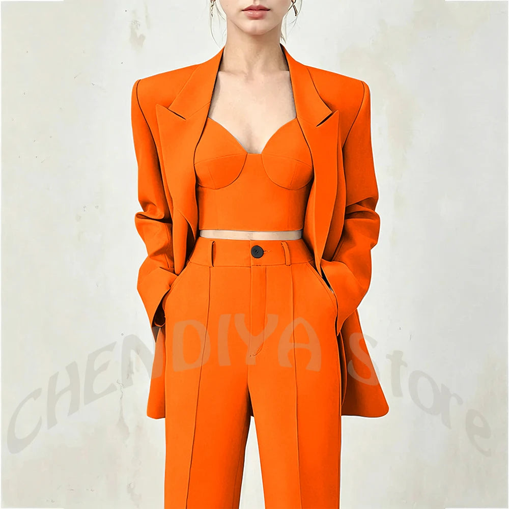 Women's Single Button Tailored Blazer and Pants Suit Set