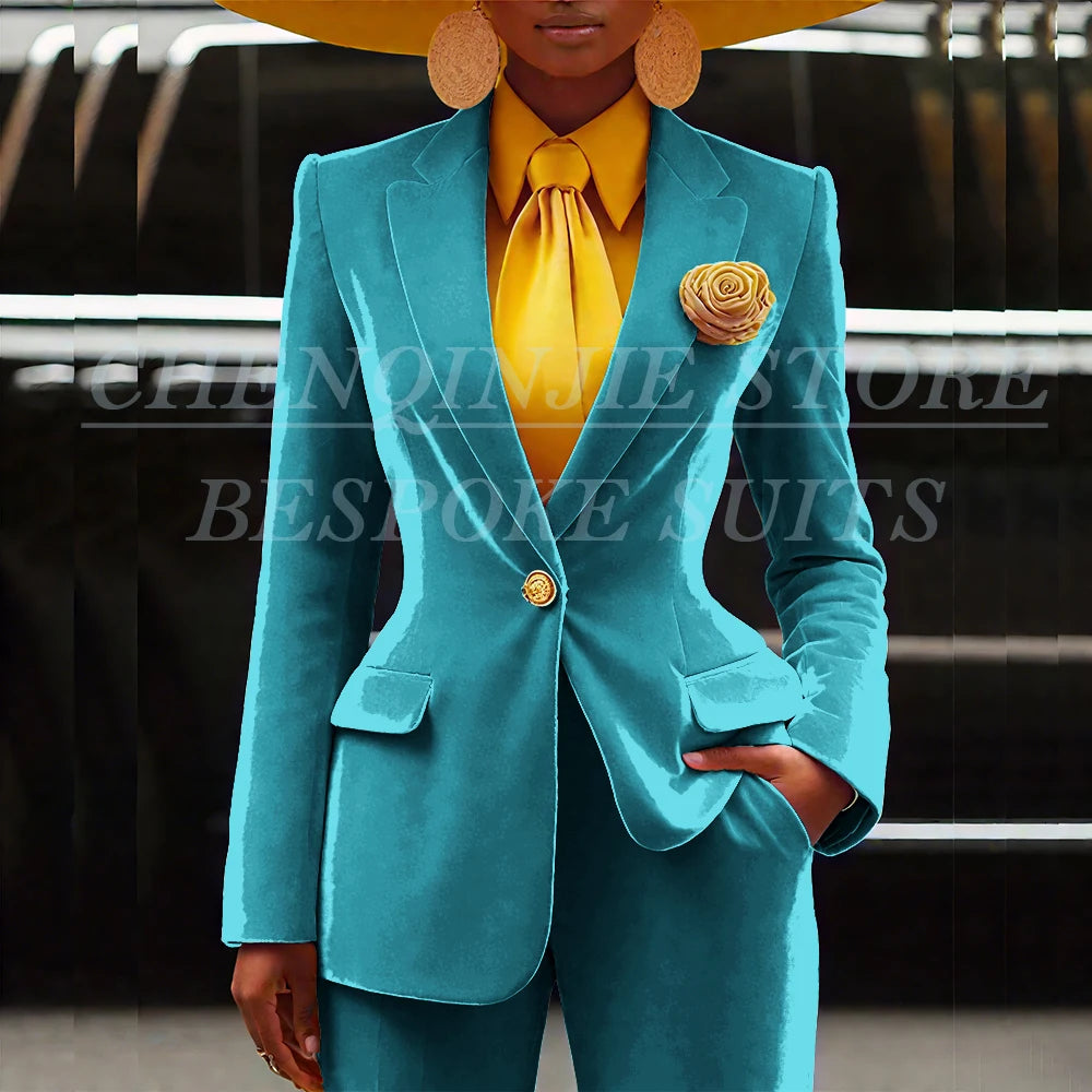Women's Velvet Notch Lapel Slim Fit 2 Piece Pants Suit