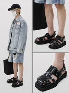 Men's Metal Rivet Buckle Leather Sandals Punk Platform Summer Shoes