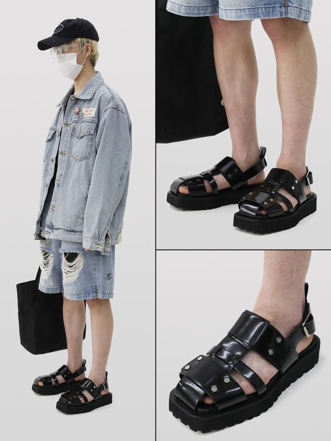 Men's Metal Rivet Buckle Leather Sandals Punk Platform Summer Shoes
