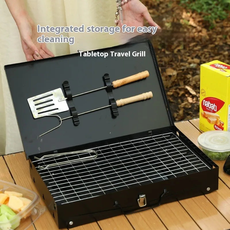 Folding Portable Barbecue Charcoal Grill and Stainless Steel Mini BBQ Kit