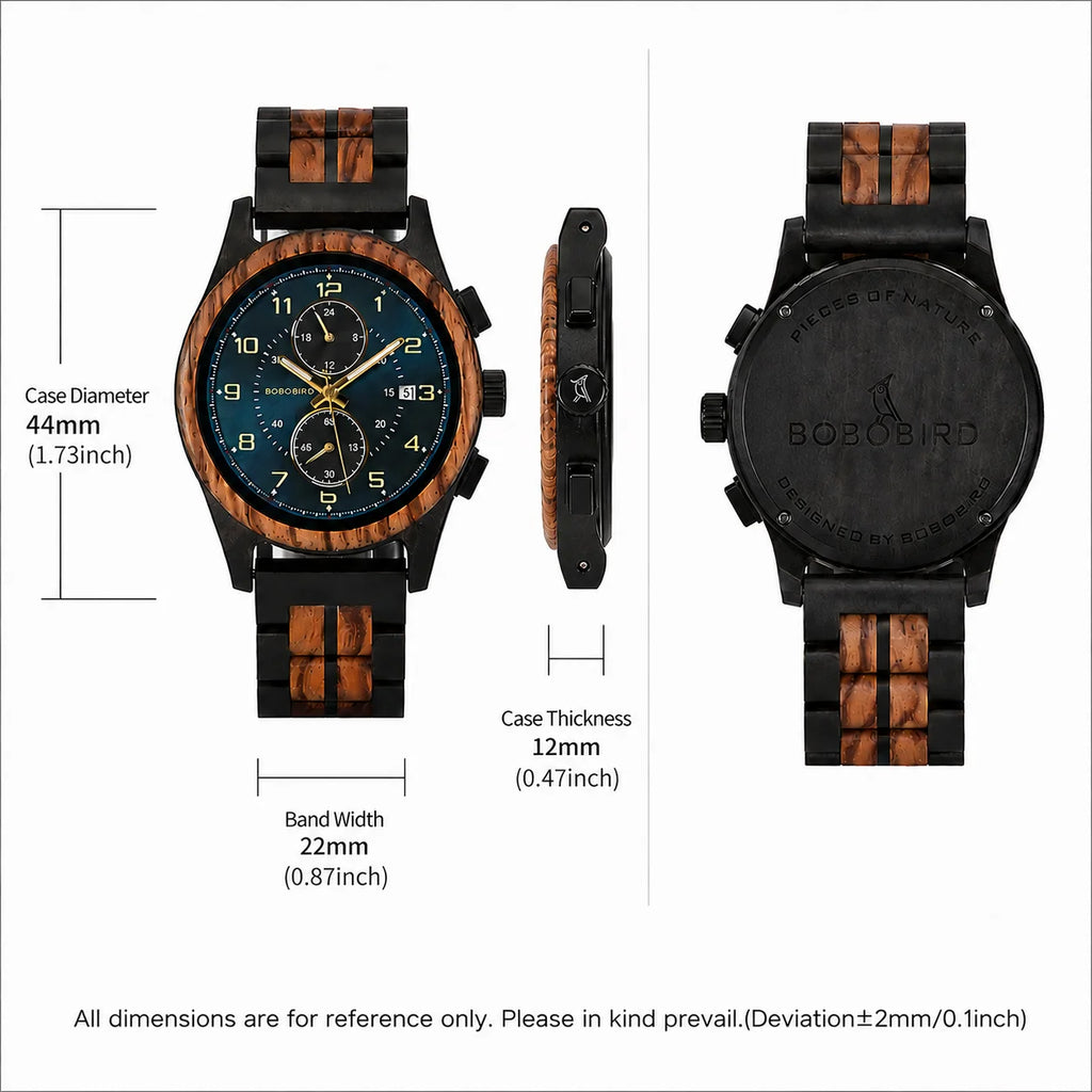 Men's Wooden Chronograph Watch with Luminous Hands and Gift Box