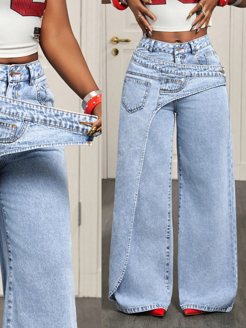 Multi-Pocket Layered Denim Jeans Women's High-Waisted Casual Streetwear