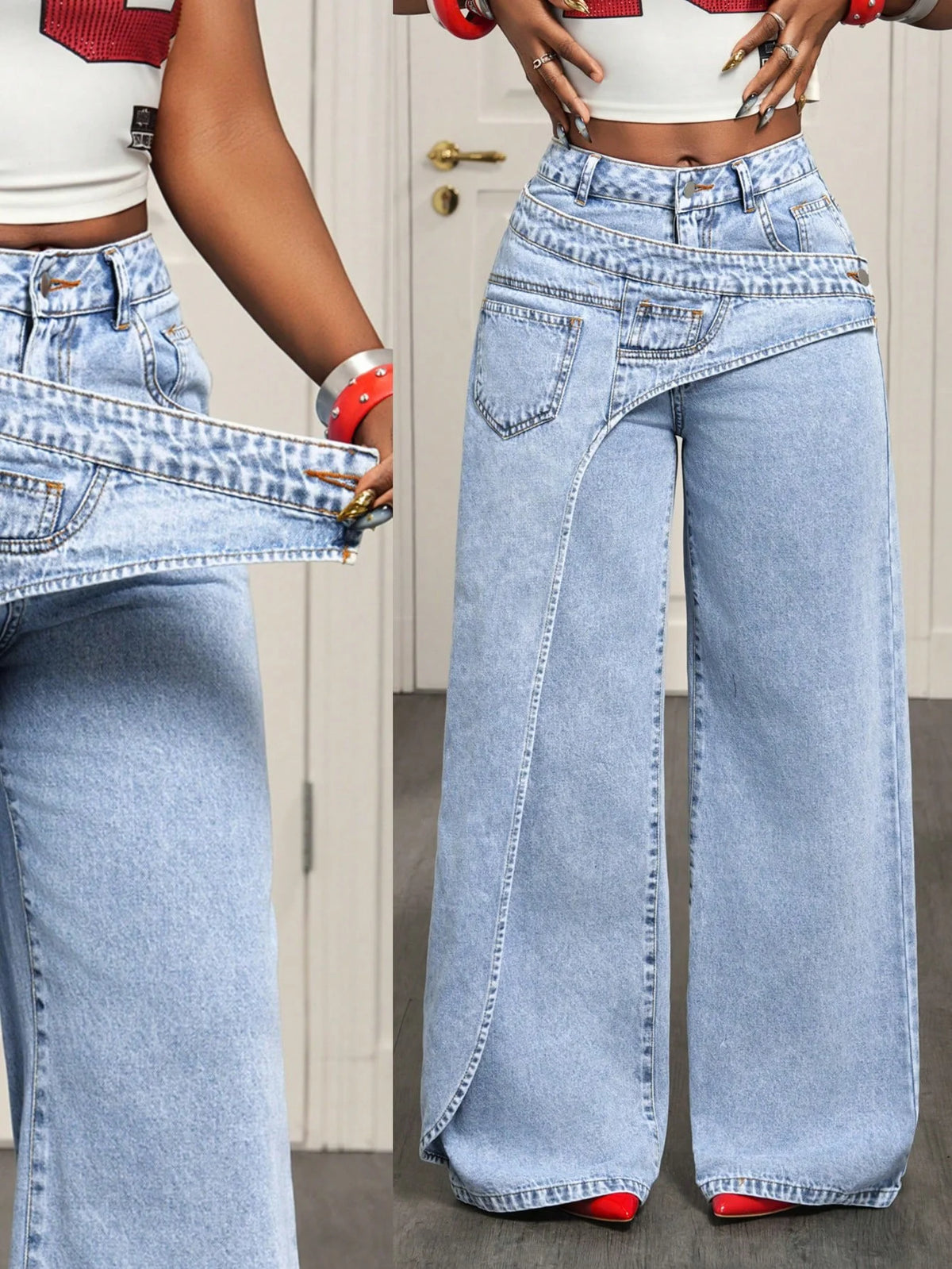 Multi-Pocket Layered Denim Jeans Women's High-Waisted Casual Streetwear