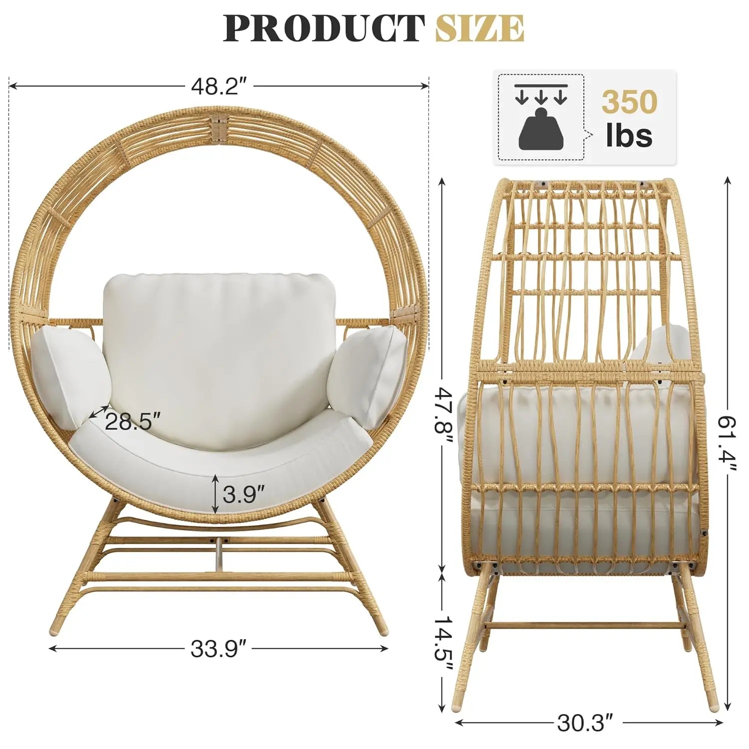 Oversized Rattan Egg Basket Chair with Thickened Cushions
