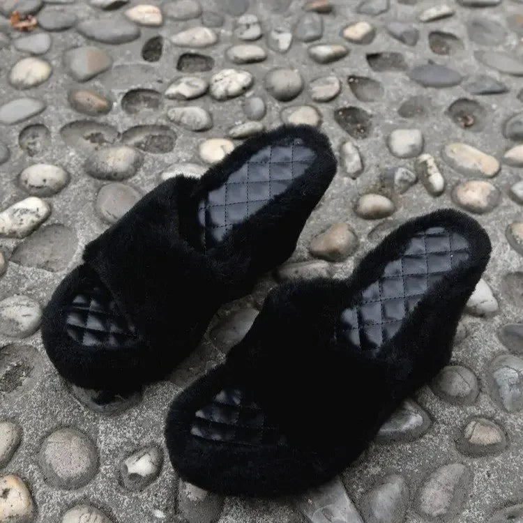 Women's Trendy Furry Wedge High Heel Slide Slippers