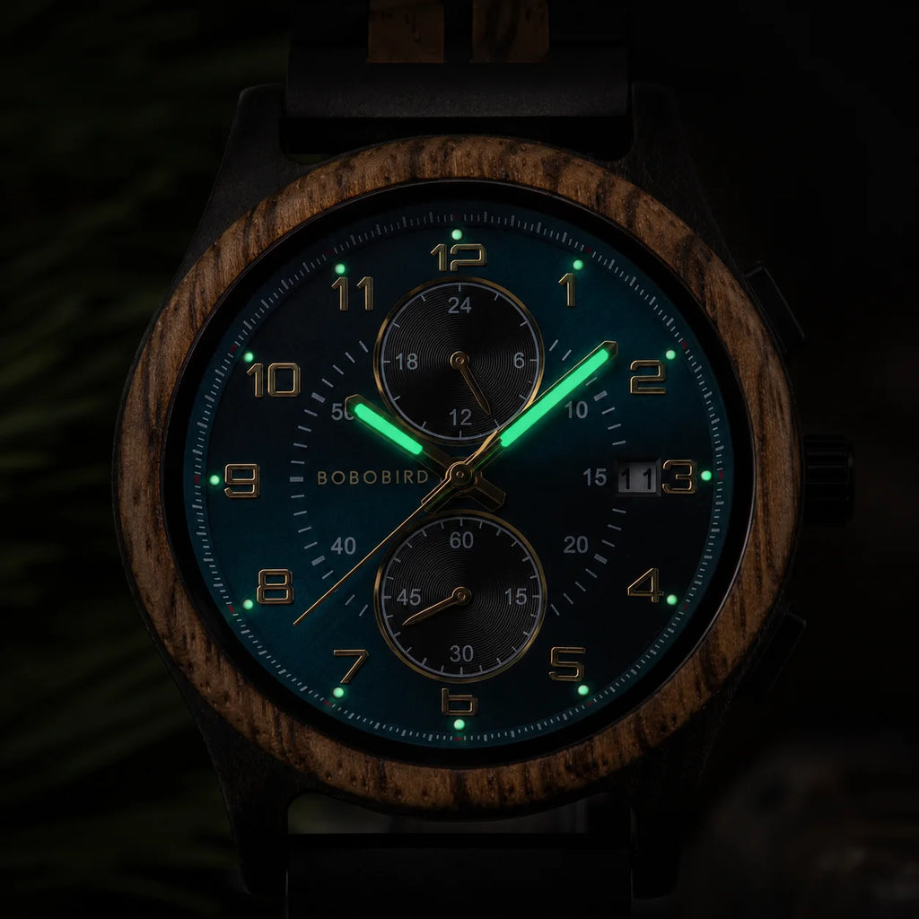 Men's Wooden Chronograph Watch with Luminous Hands and Gift Box