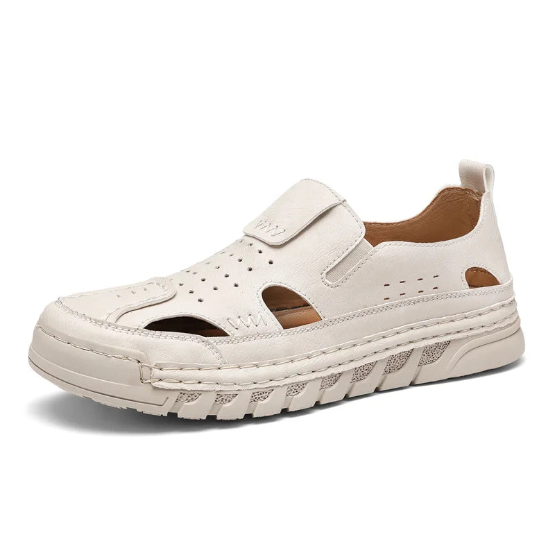 Men's Hand-Sewn Leather Sandals for Daily Outdoor Comfort Rubber Sole