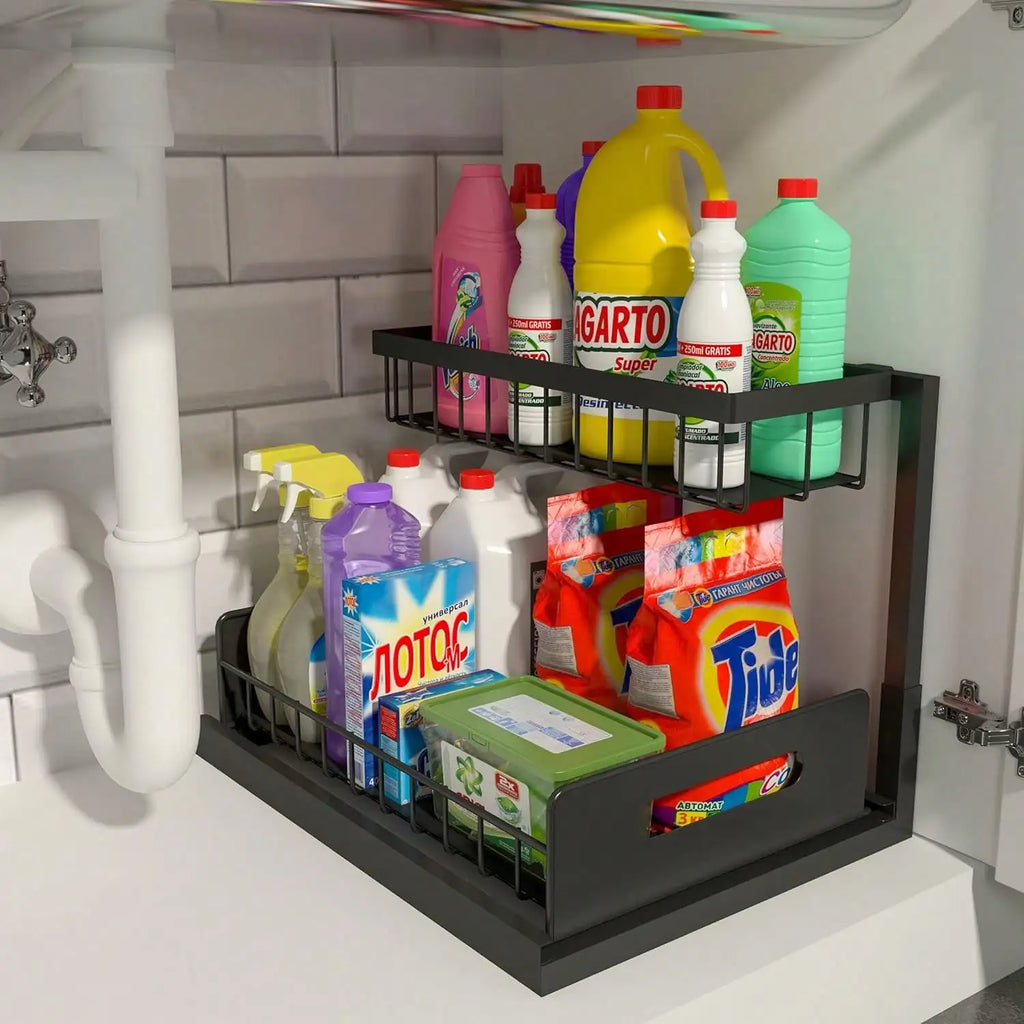 2-Tier Metal Slide Out Cabinet Organizer and Storage Basket