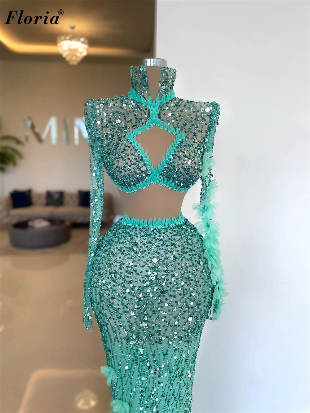 Women's Sparkly Beaded Long Sleeve Prom Evening Gown