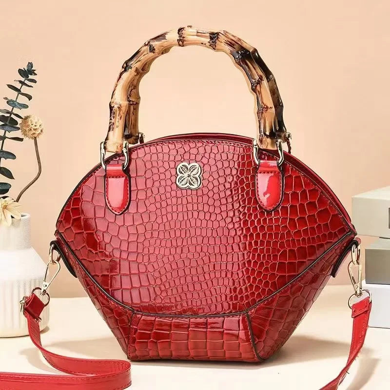 Women's Retro Stone Pattern Patent Leather Shoulder Handbag