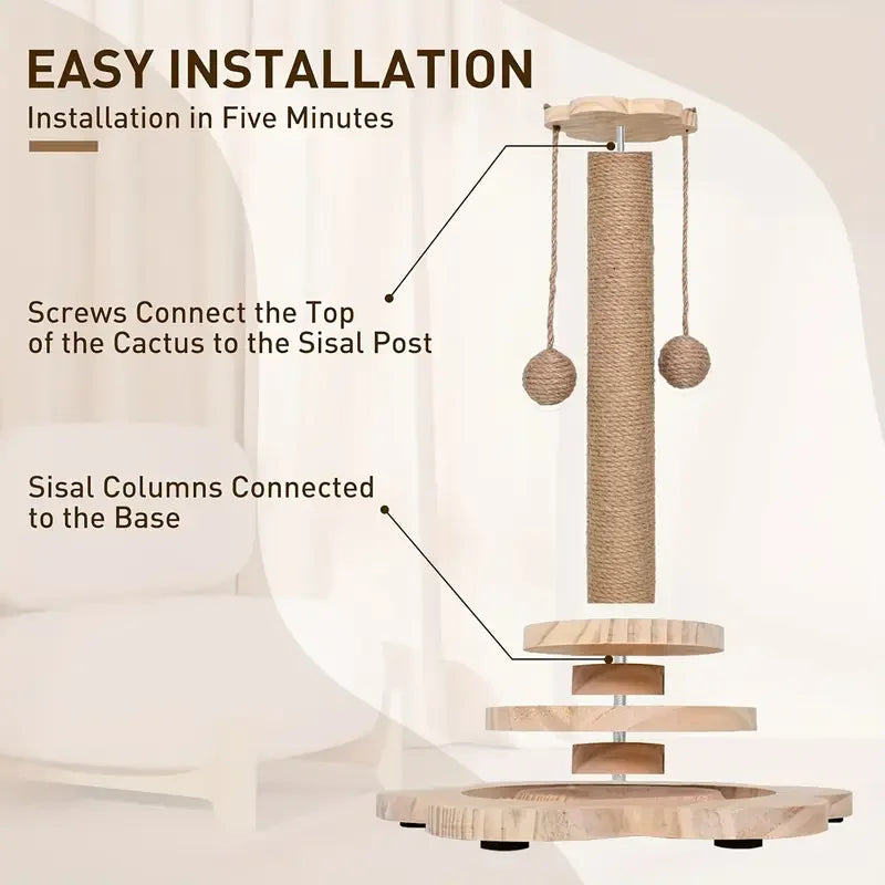 Wooden Rotating Cat Scratch Board with Non-Shedding Fiber Chew Toy and Stand