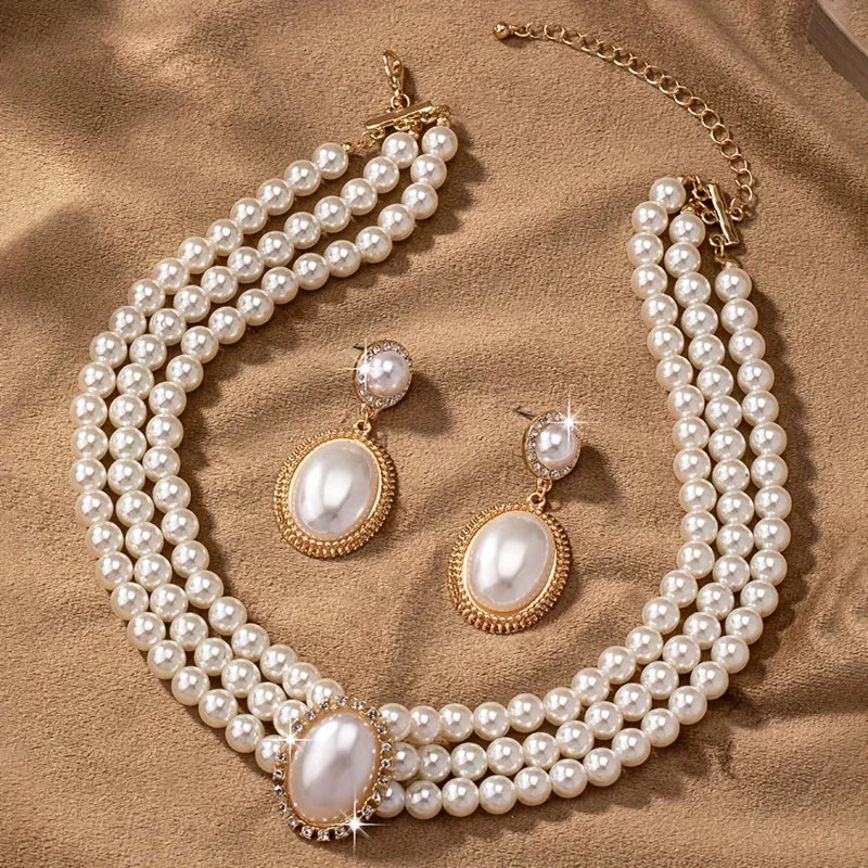 Women's Fashion Elegant Imitation Pearl Necklace and Drop Earrings Jewelry Set