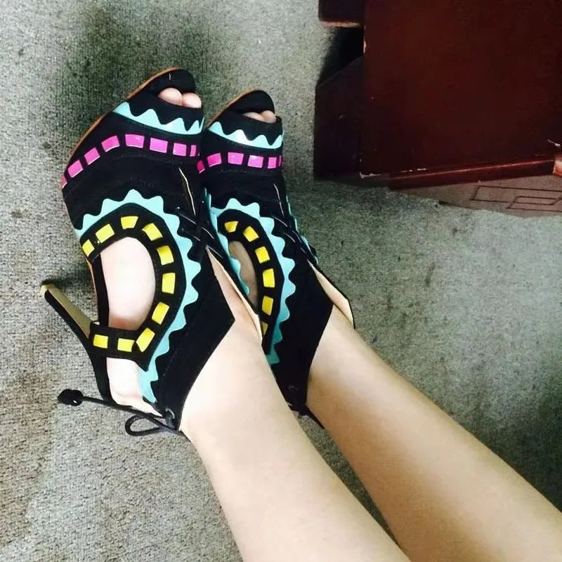 Women's Triangle Patchwork Beaded Lace-Up Sandal Boots