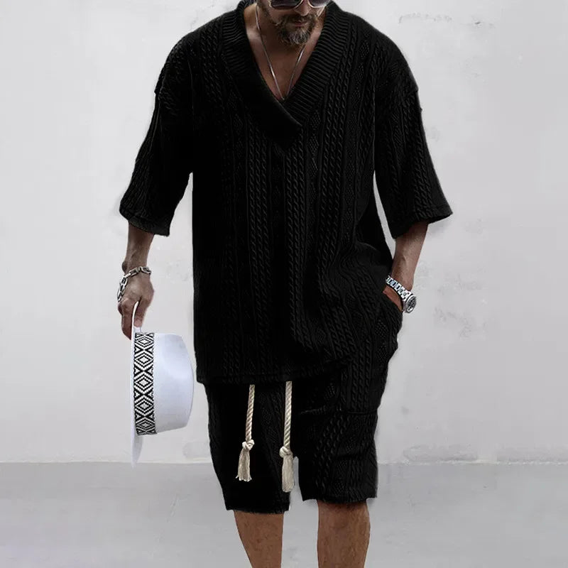 Men's V-Neck Short Sleeve Knitted T-Shirt and Shorts Casual Two-Piece Set