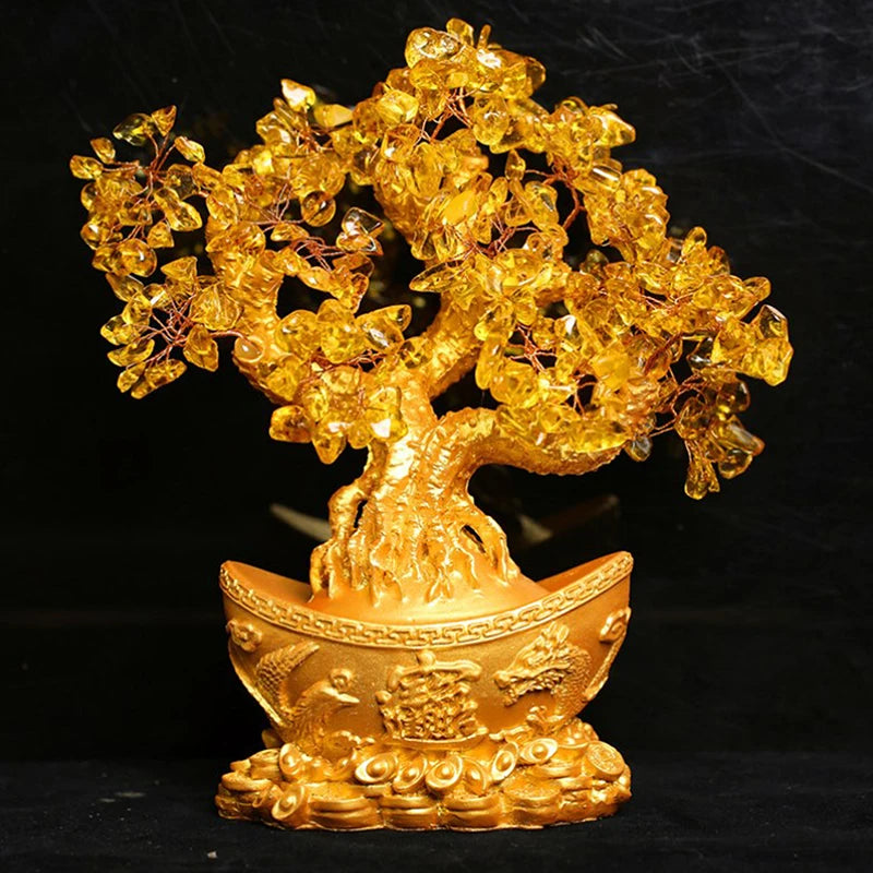 Chinese Gold Ingot Crystal Fortune Money Tree Figurine and Tabletop Ornament