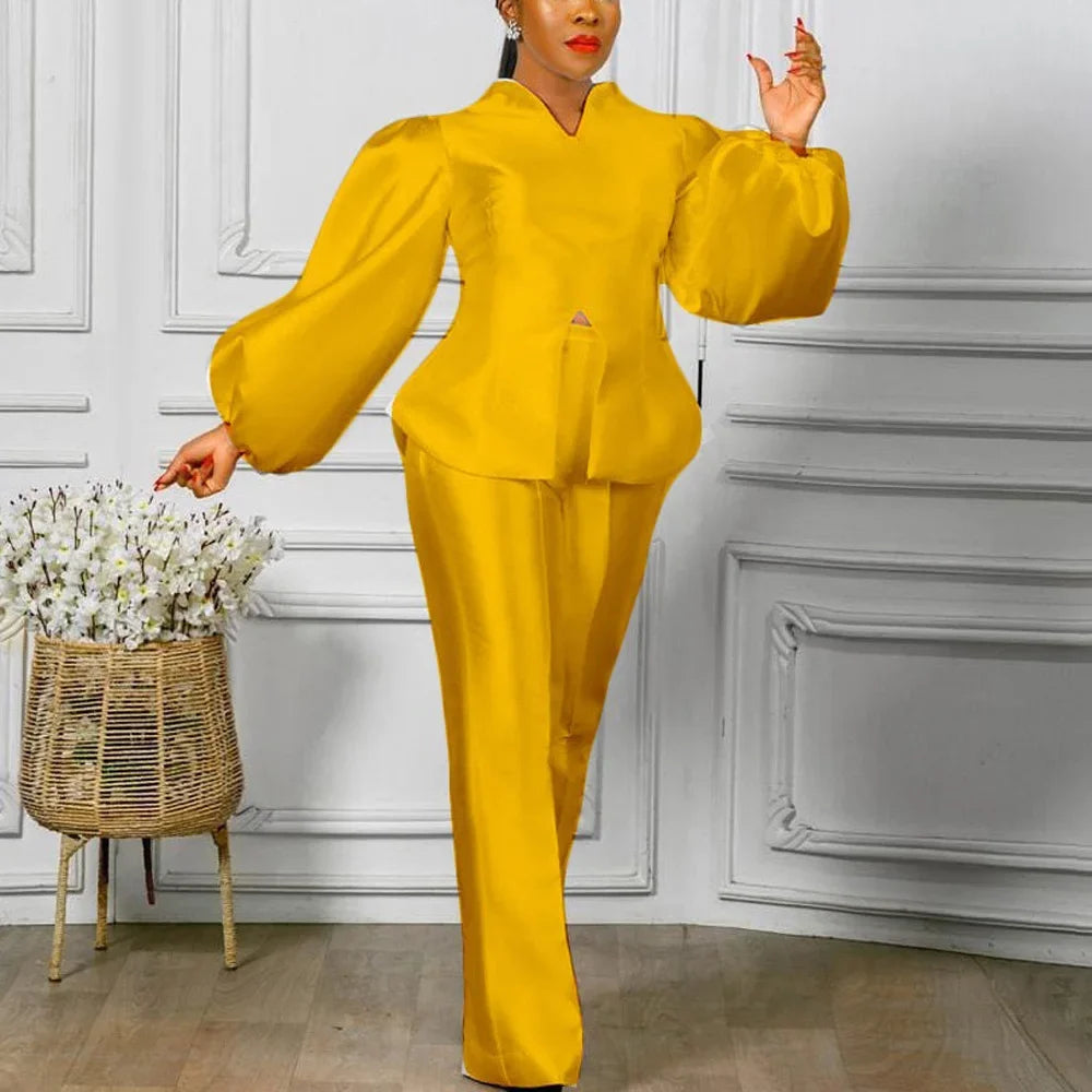 Women's Solid Satin Blouse and Straight Trousers Pants Set