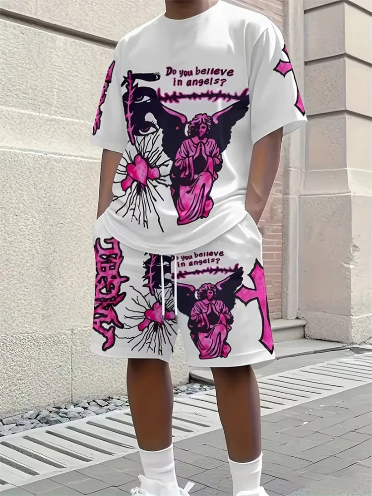 Men's 3D Print Round Neck T-Shirt and Shorts Set
