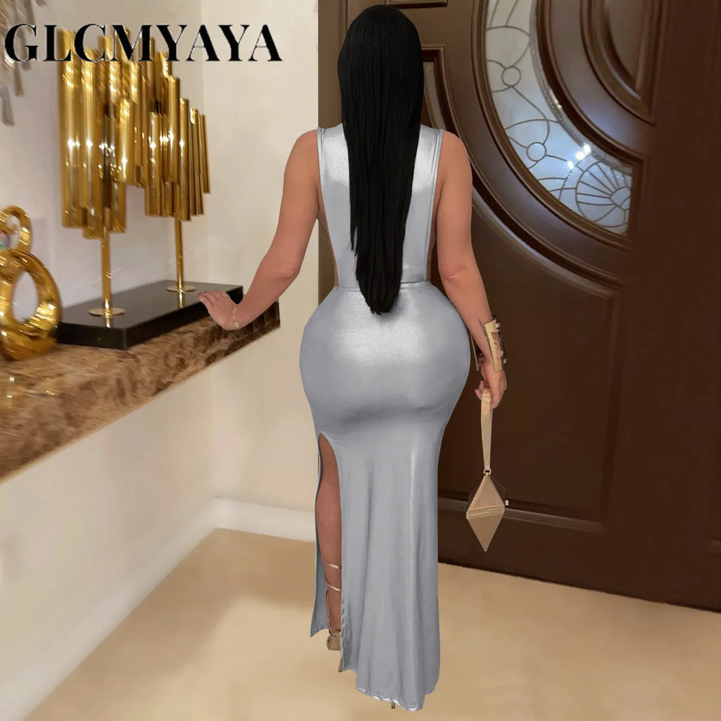 Women's Sexy Gilding Sleeveless Cutout Bodycon Maxi Dress