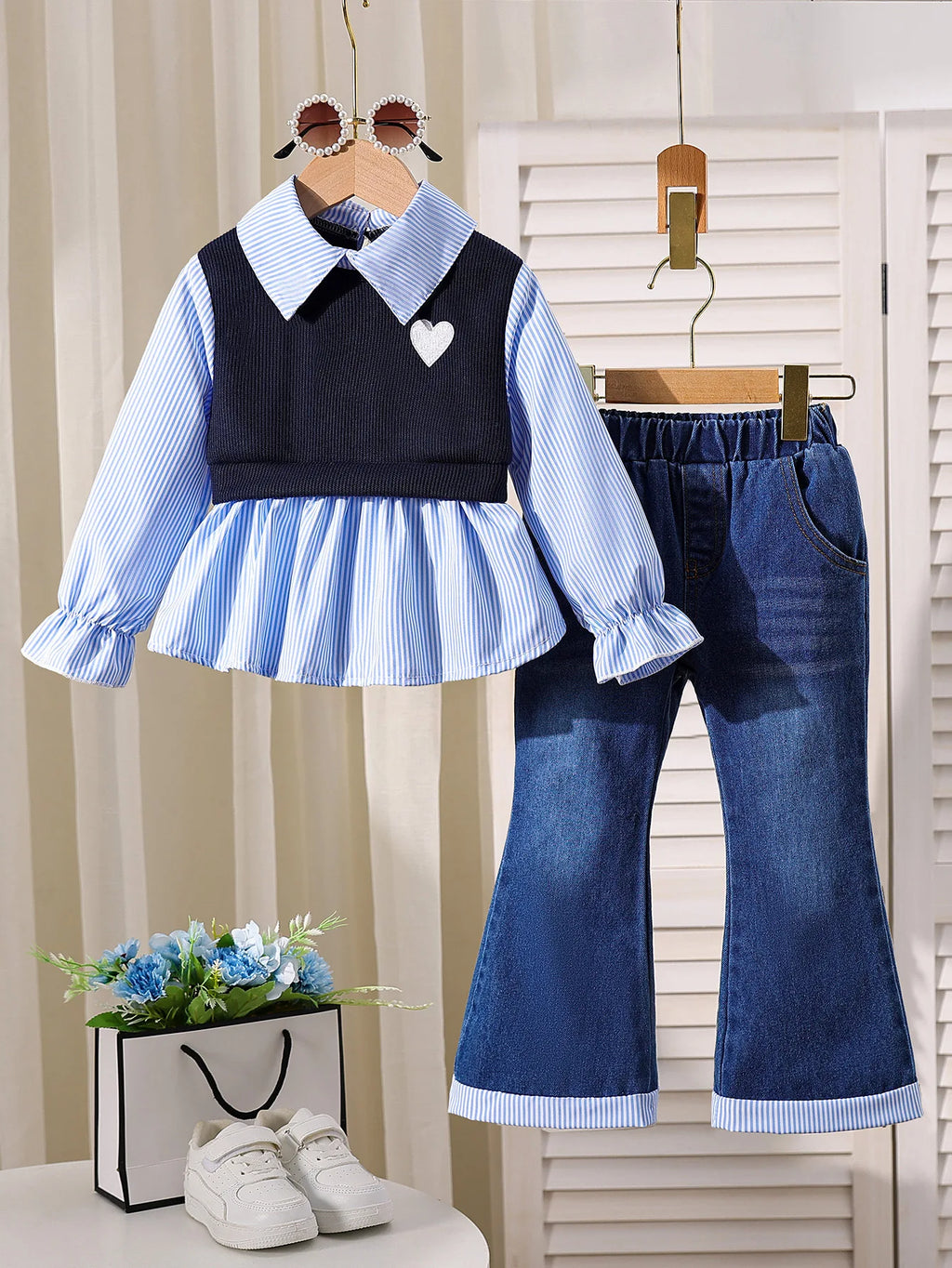 Girls' Patchwork Top Denim Flared Pants Two-Piece Set