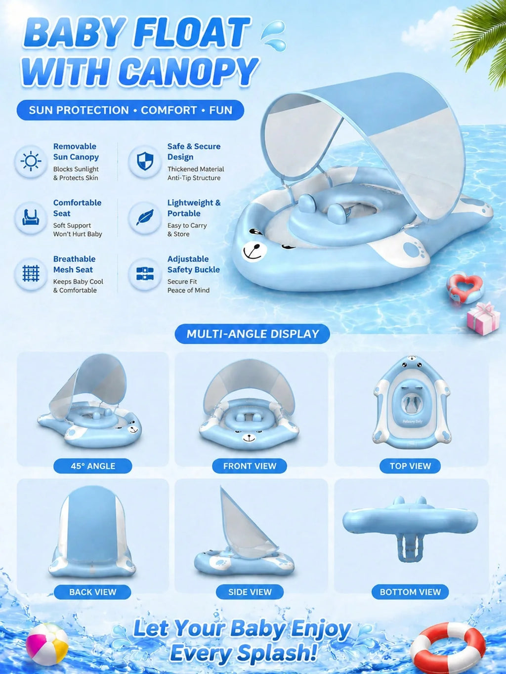 Kids Cartoon Bear UPF 50 Sun Canopy Baby Pool Float Ring Toy