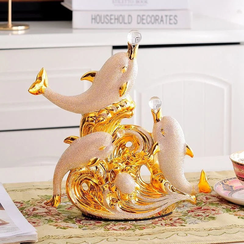 Gold Dolphin Ceramic Ornament and Table Desktop Figurine