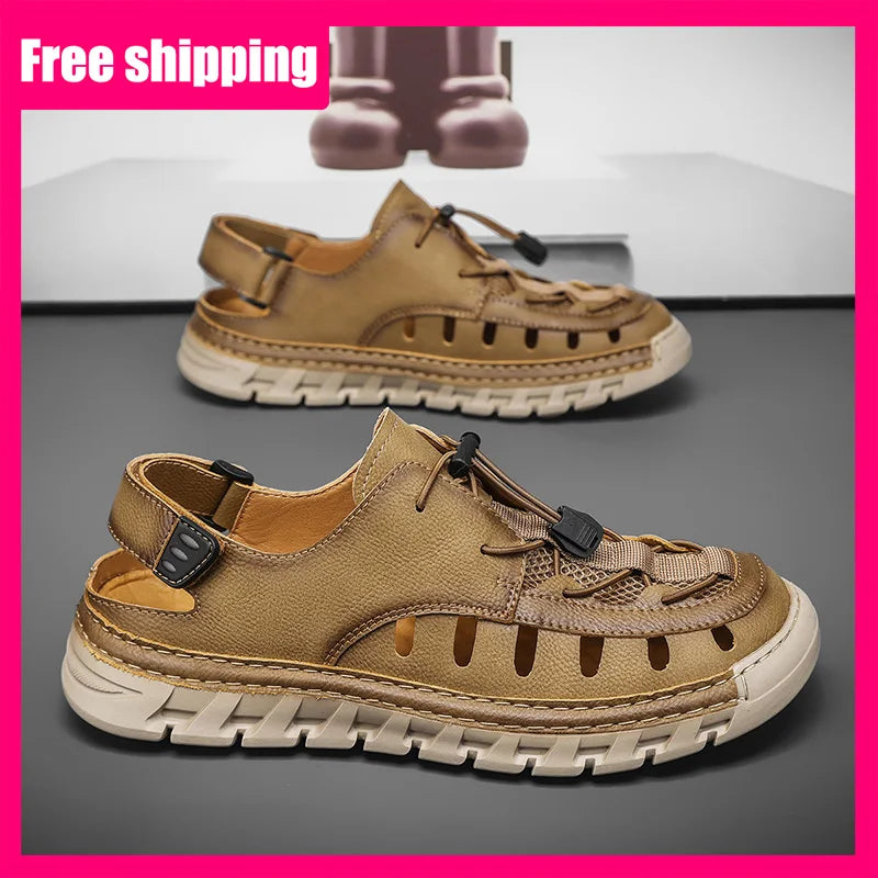 Men's Leather Breathable Outdoor Sandals Lightweight Elastic Strap Summer Beach