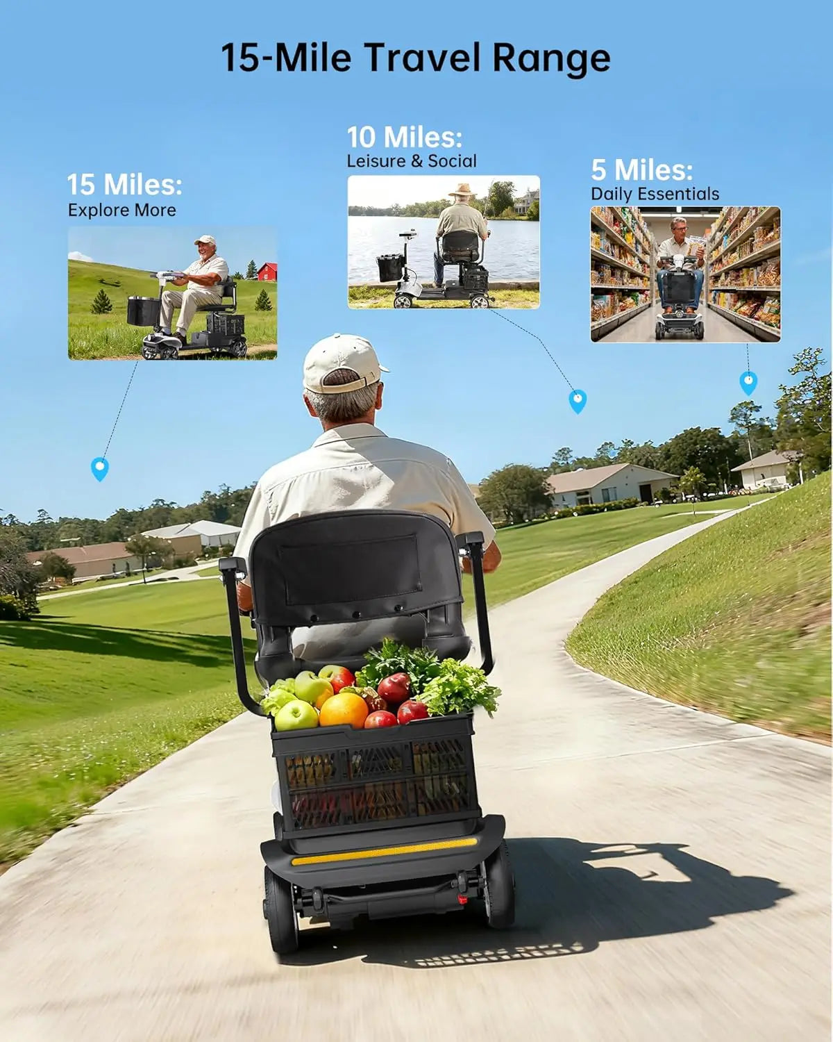 4 Wheel Folding Electric Mobility Scooter with Dual Baskets