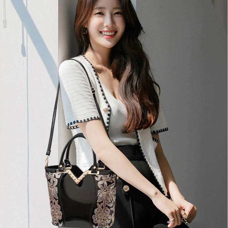 Women's Sequin Embroidered Patent Leather Shoulder Crossbody Bag