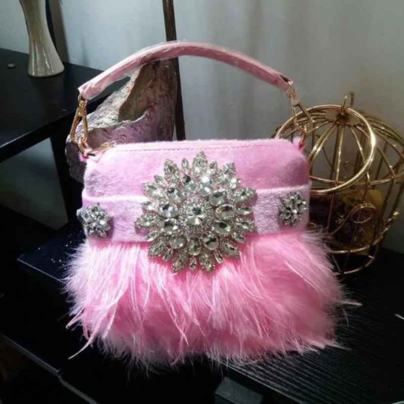 Women's Diamond Feather Tassel Chain Clutch Handbag
