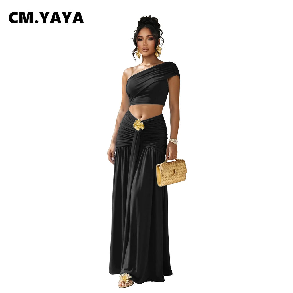 Women's Casual One Shoulder Crop Top and Long Skirt Two Piece Matching Set