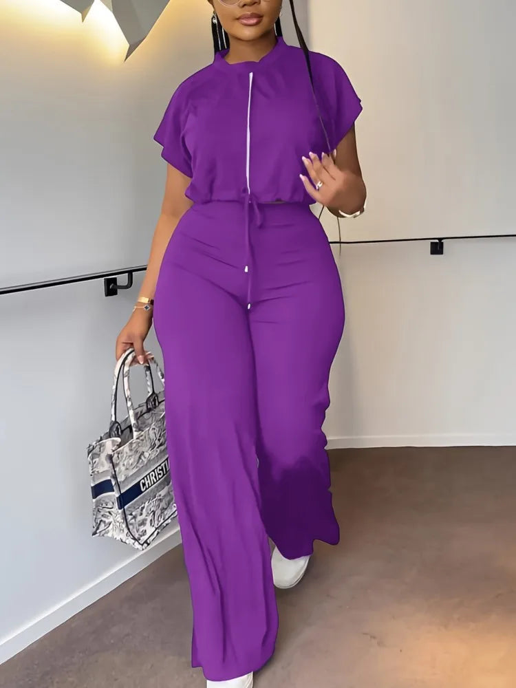 Women's Casual Short Sleeve Top and High Waist Pants Set
