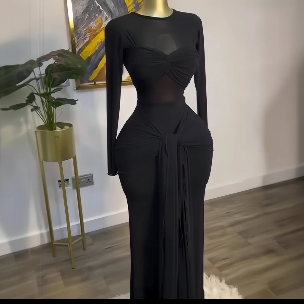Women's Mesh See-Through Long Sleeve Maxi Dress with Bowknot