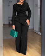 Women's Swing Collar Ruched Long Sleeve Jumpsuit
