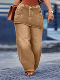 Women's Loose Fitting Fake Two Piece Wide Leg Denim Jeans Pants