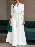 Women's Belted Blazer Wide Leg Pants Suit