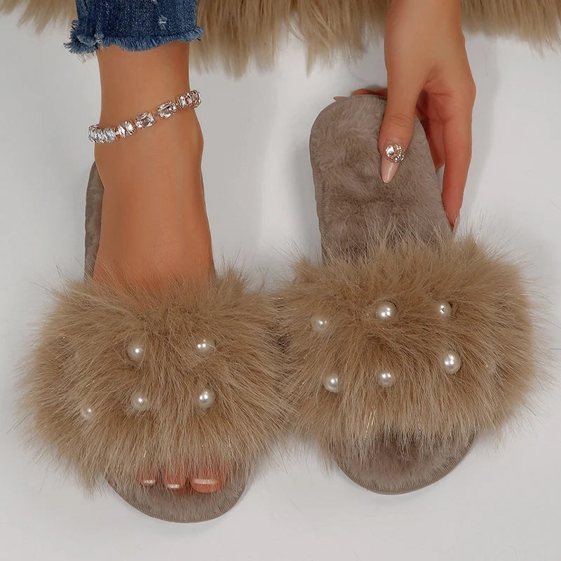 Women's Faux Fur Pearl Slippers Open Toe Plush Home Slides