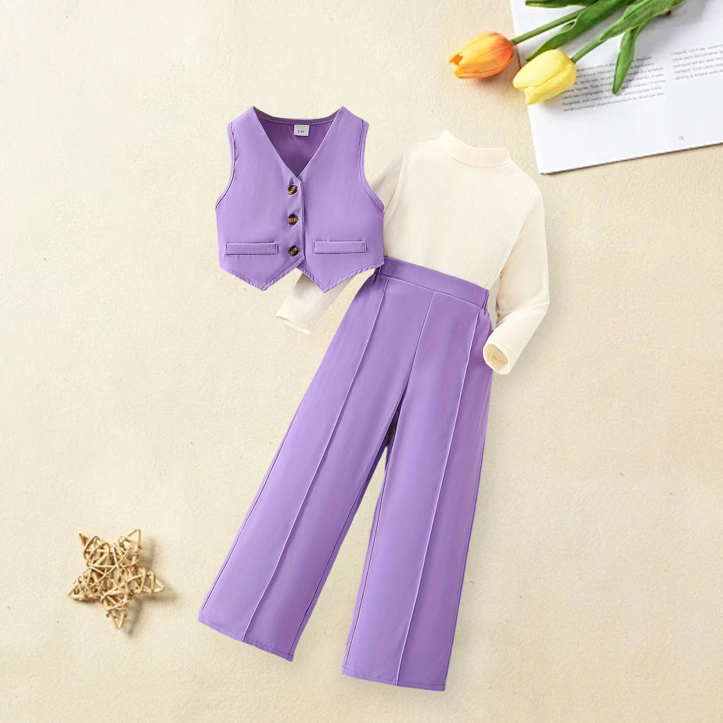 Girls' Solid Long Sleeve Tops Waistcoat Wide Leg Pants Three-Piece Set