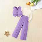 Girls' Solid Long Sleeve Tops Waistcoat Wide Leg Pants Three-Piece Set