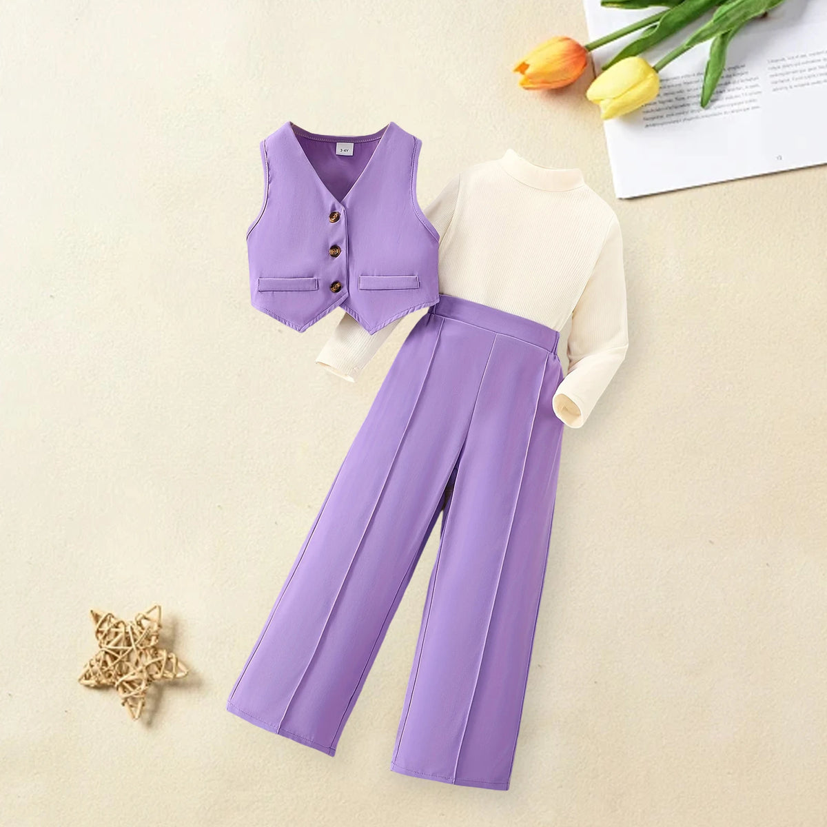 Girls' Solid Long Sleeve Tops Waistcoat Wide Leg Pants Three-Piece Set
