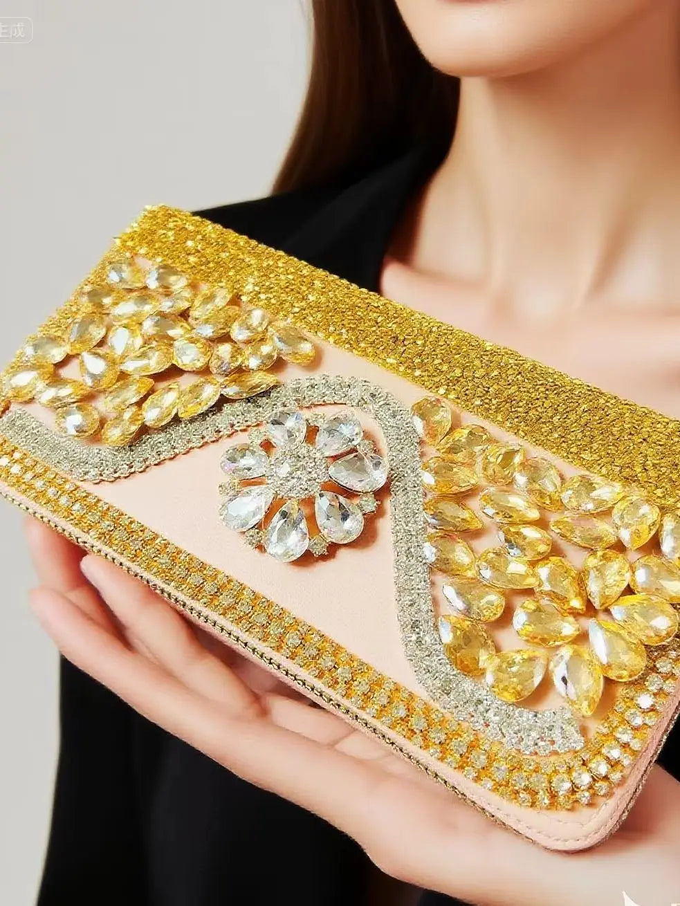 Champagne Rhinestone Evening Clutch Wallet with Heavy-Duty Inlay