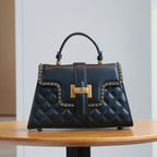 Women's Rhombic Embroidery Leather Handbag
