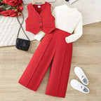 Girls' Solid Long Sleeve Tops Waistcoat Wide Leg Pants Three-Piece Set