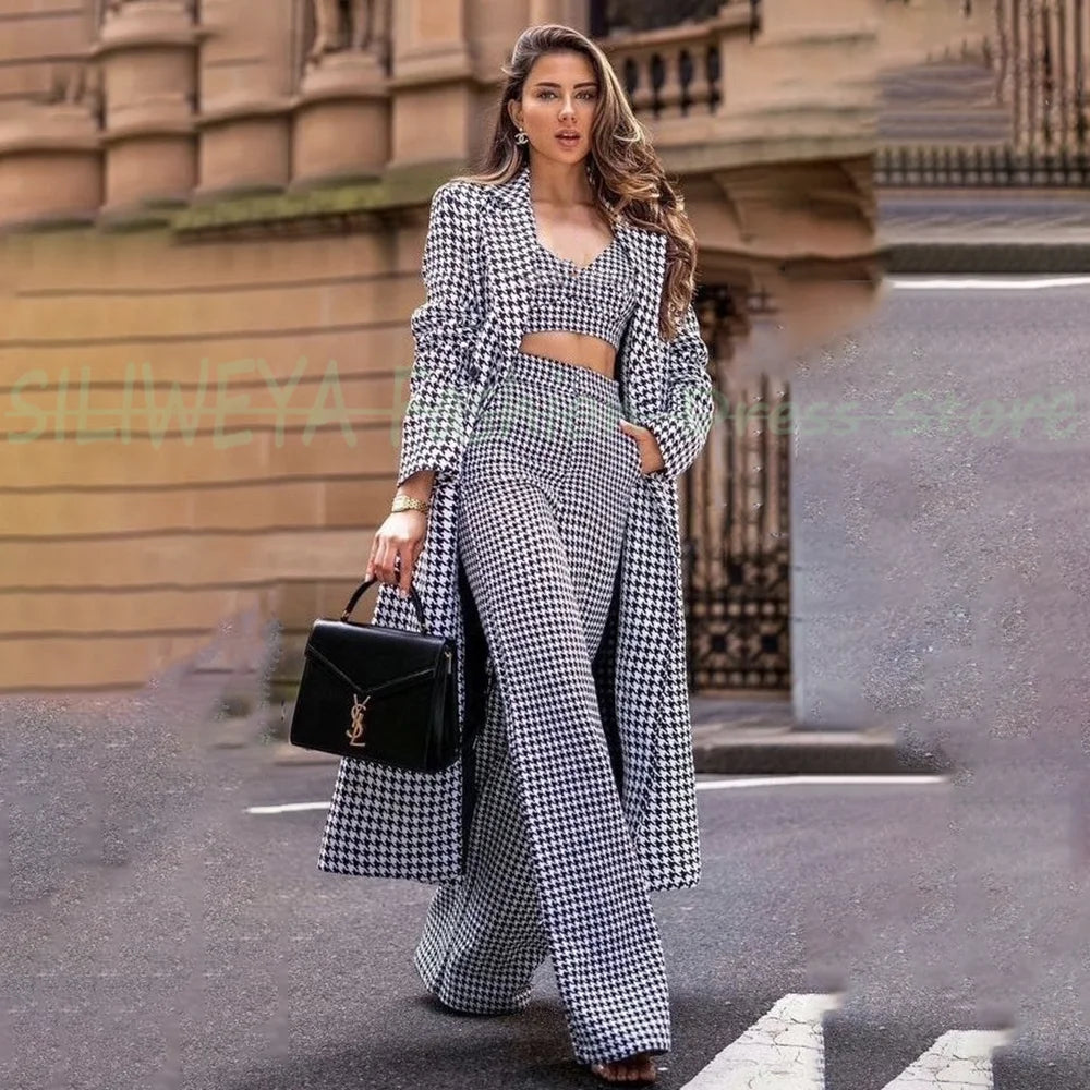 Women's Houndstooth Blazer Wide Leg Pants Suit