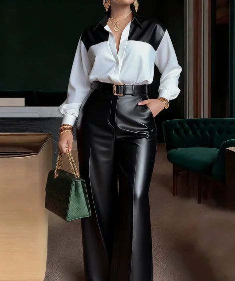 Women's Turn-Down Collar Shirt & Wide Leg Pants Set